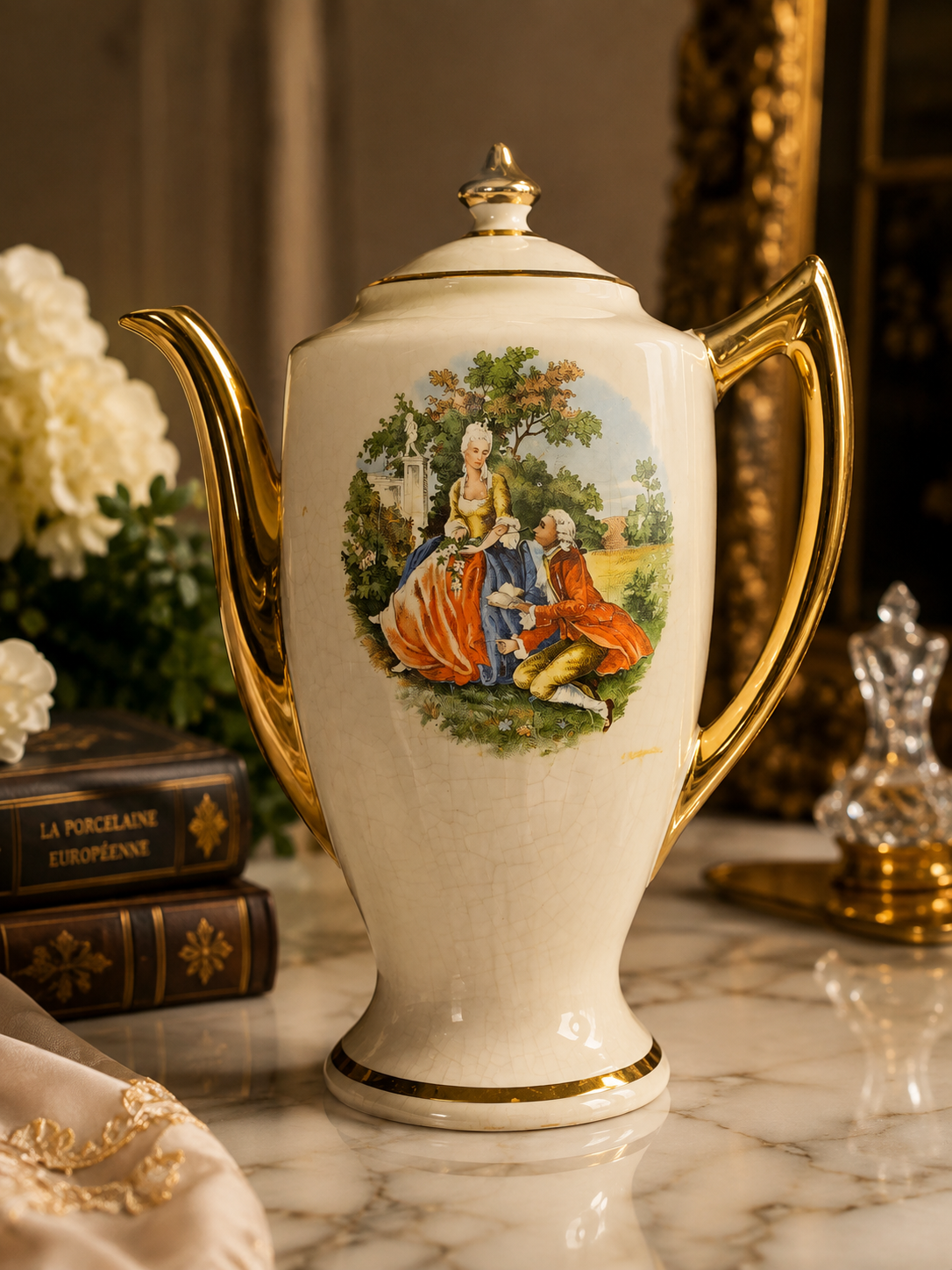 Vtg Courting Couple Ceramic Coffee Pot Gold Trim Fragonard Style Teapot Cream