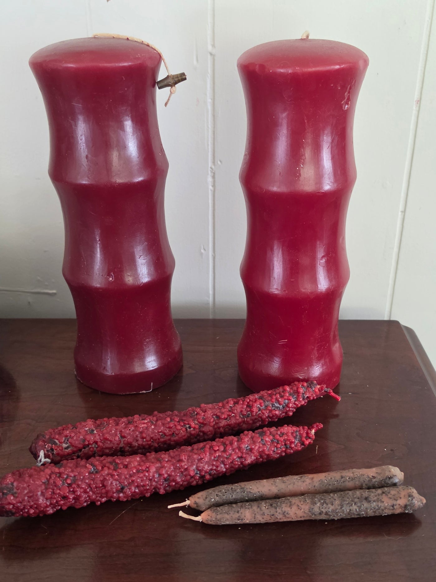 Handmade Deep Red Pillar & Rustic Textured Taper Candle Set (6-Piece Lot)