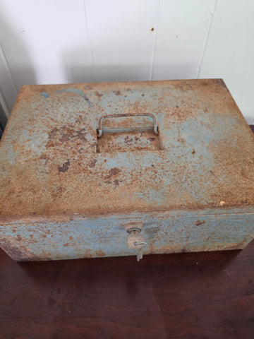 Vintage Rustic Blue Metal Lockbox w/ Original Key – Heavy Duty Industrial Storage Box