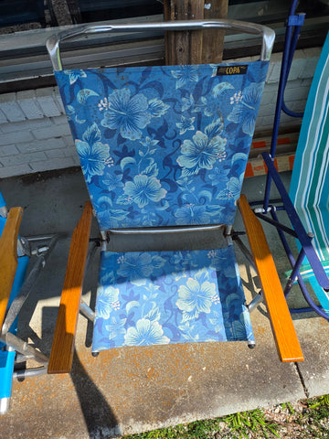 Vintage COPA Blue Hibiscus Floral Folding Beach Chair with Wooden Armrests