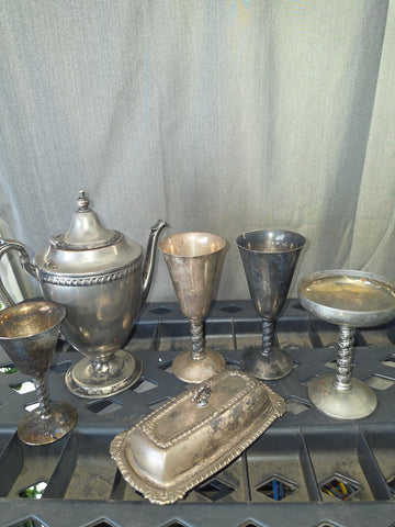 Vintage Silver Plate Serveware Lot – Coffee/Teapot, Goblets & Covered Butter Dish