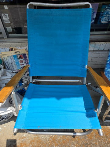 Vintage Blue Canvas Folding Beach & Lawn Chair with Wooden Armrests