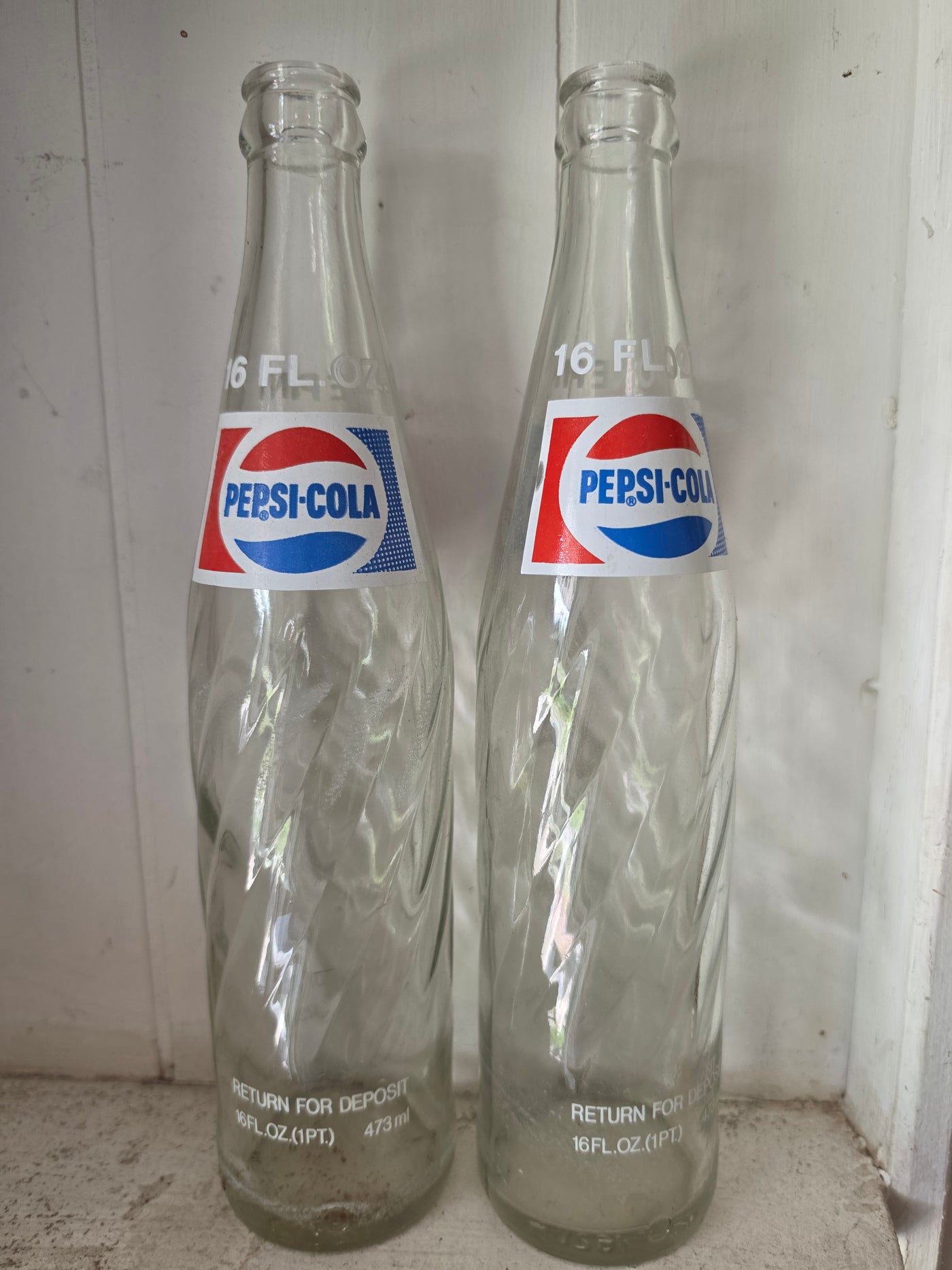 Vintage Pepsi-Cola 16 oz Swirl Glass Bottles (Set of 2)