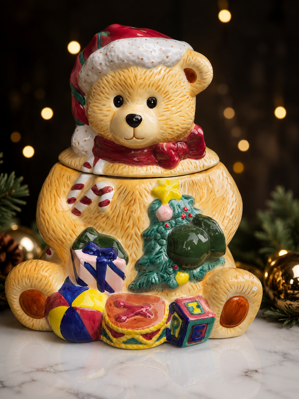 Vintage Christmas Teddy Bear Ceramic Cookie Jar Holiday Decor Santa Hat Toys