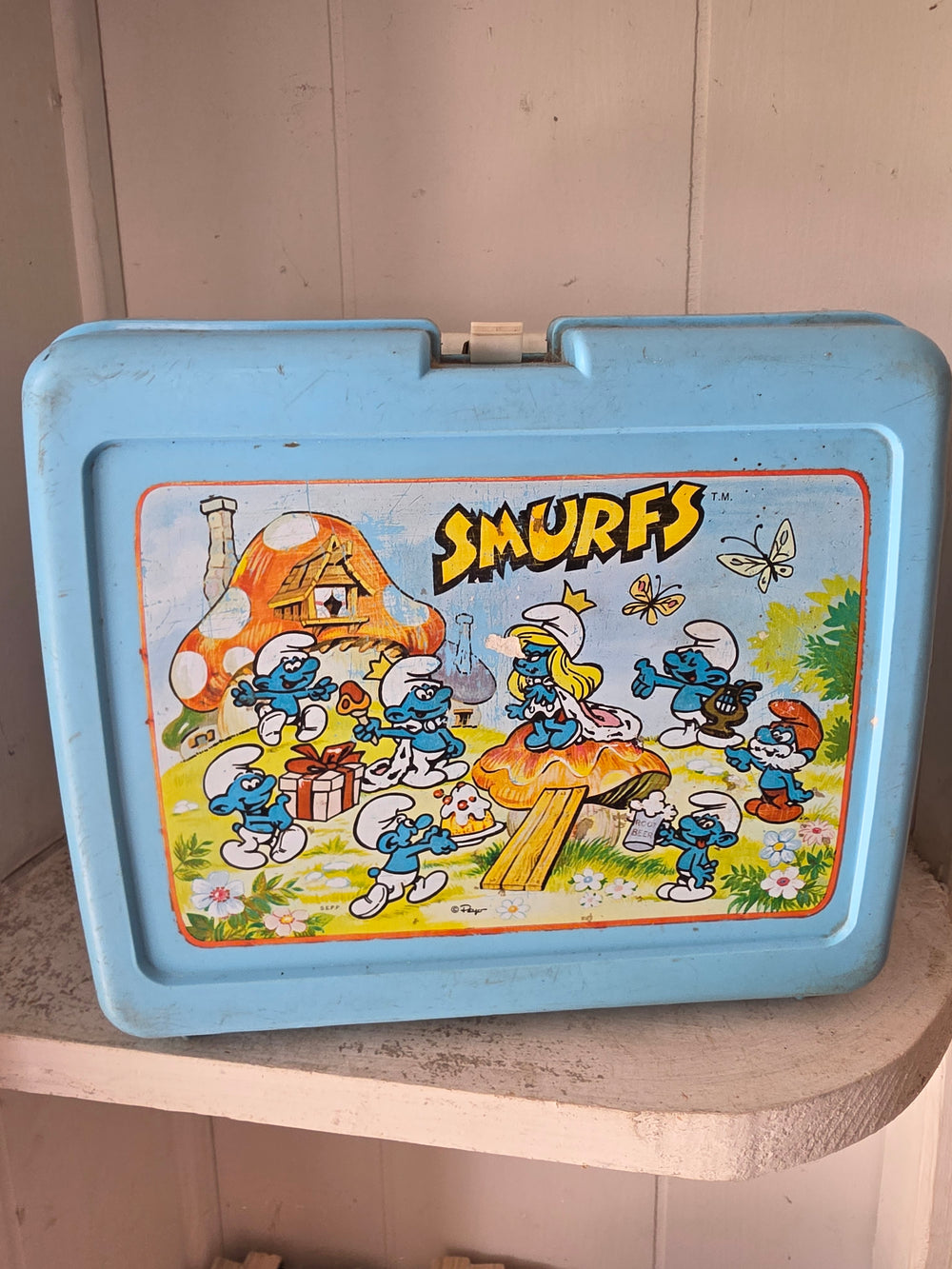 Vintage 1982 Smurfs Light Blue Plastic Lunchbox Thermos Peyton SEPP