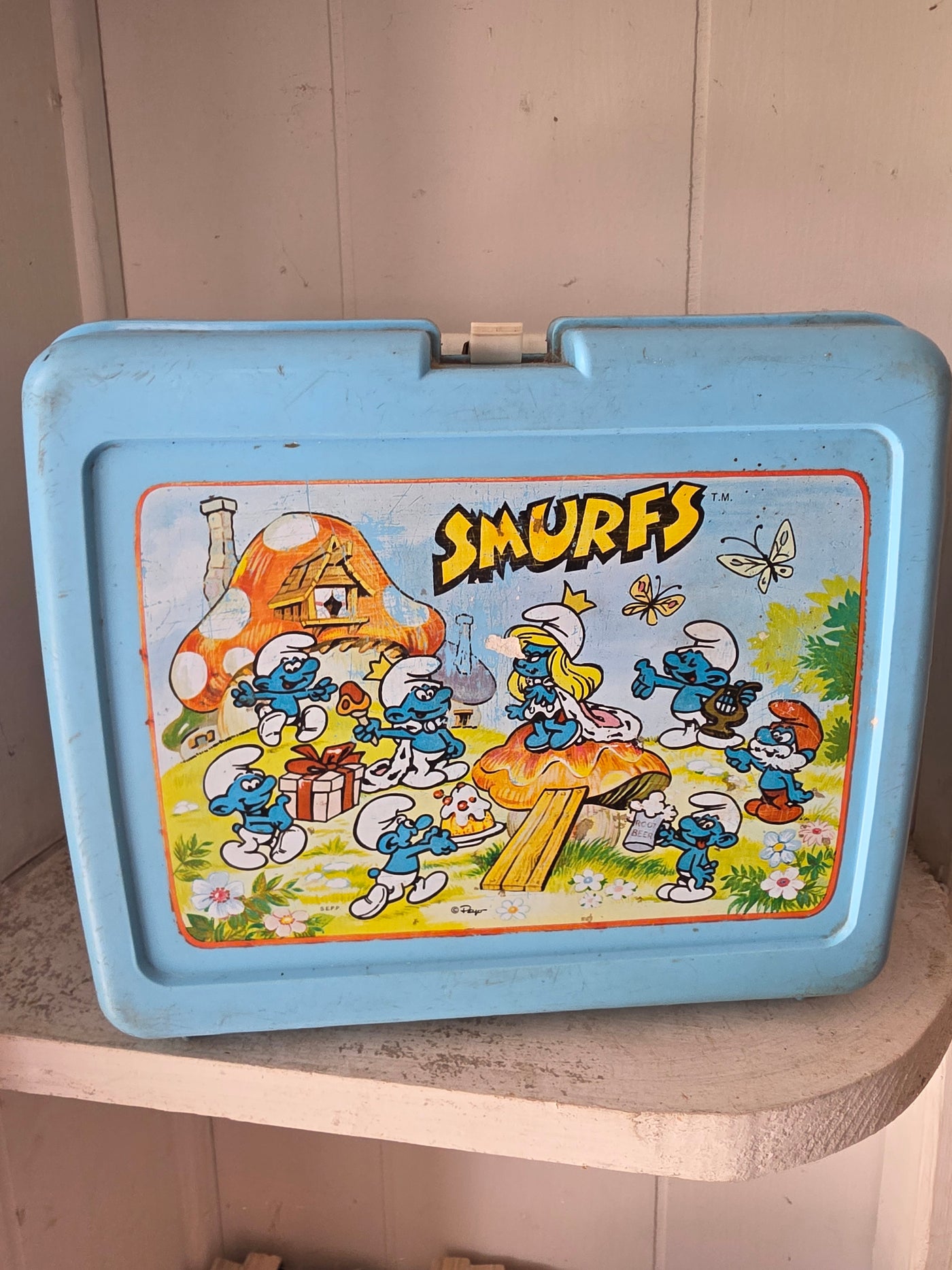 Vintage 1982 Smurfs Light Blue Plastic Lunchbox Thermos Peyton SEPP