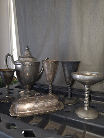 Vintage Silver Plate Serveware Lot – Coffee/Teapot, Goblets & Covered Butter Dish