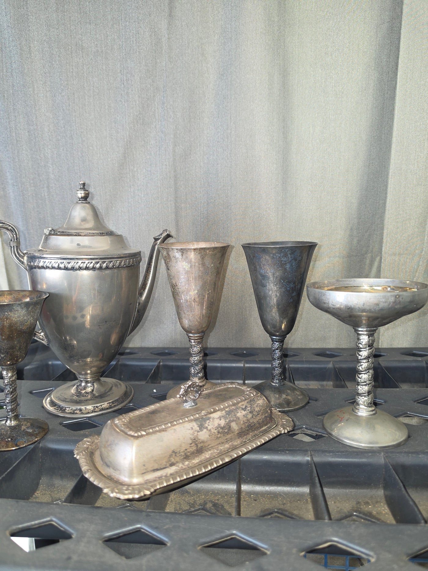 Vintage Silver Plate Serveware Lot – Coffee/Teapot, Goblets & Covered Butter Dish