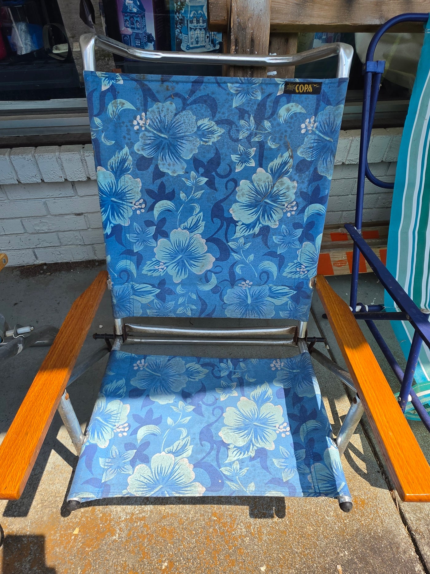 Vintage COPA Blue Hibiscus Floral Folding Beach Chair with Wooden Armrests