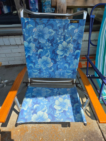 Vintage COPA Blue Hibiscus Floral Folding Beach Chair with Wooden Armrests