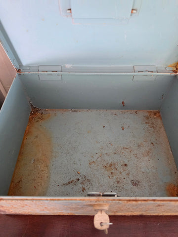 Vintage Rustic Blue Metal Lockbox w/ Original Key – Heavy Duty Industrial Storage Box