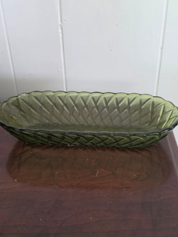 Vintage Mid-Century Avocado Green Pressed Glass Oval Relish Dish