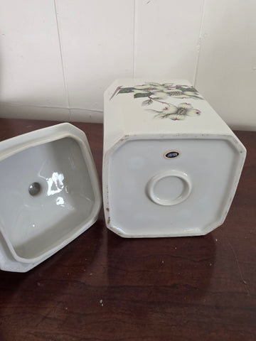 Vintage White Porcelain Square Canister / Ginger Jar with Lid – Dogwood Floral Pattern & Gold Trim
