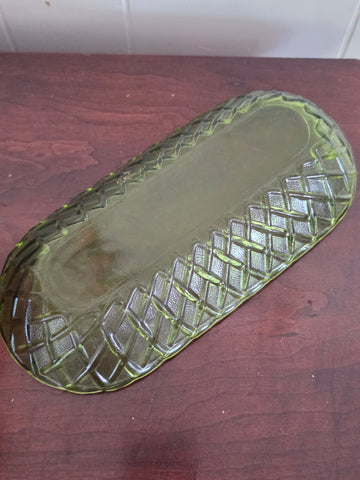 Vintage Mid-Century Avocado Green Pressed Glass Oval Relish Dish