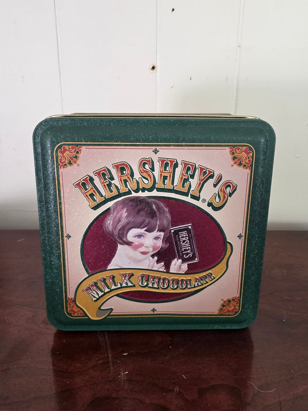 Vintage Hershey's Milk Chocolate Decorative Collectible Tin | Green Frame & Classic Art