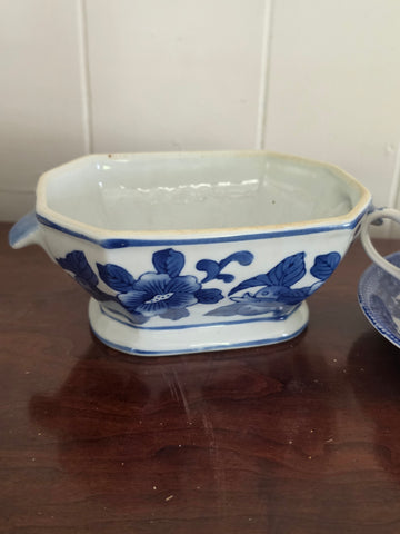Vintage Blue and White Porcelain Sugar Bowl and Teacup Set