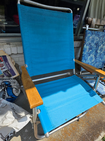 Vintage Blue Canvas Folding Beach & Lawn Chair with Wooden Armrests