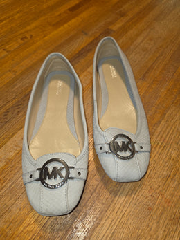 Michael Kors Fulton Moc Grey Snake Embossed Leather Flats MK Medallion 9.5M E17D