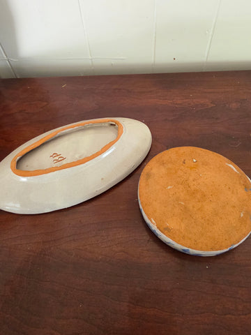 Off-White Stoneware Oval Tray & Blue Sponge-Ware Ceramic Spoon Rest
