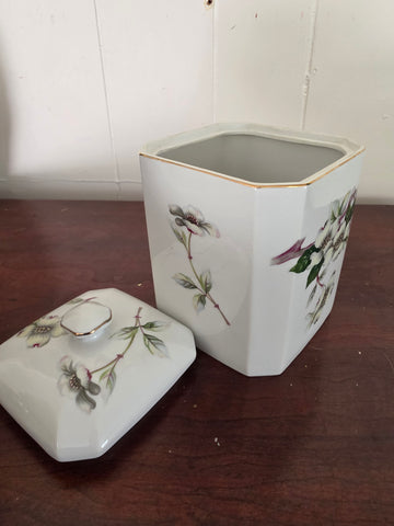 Vintage White Porcelain Square Canister / Ginger Jar with Lid – Dogwood Floral Pattern & Gold Trim