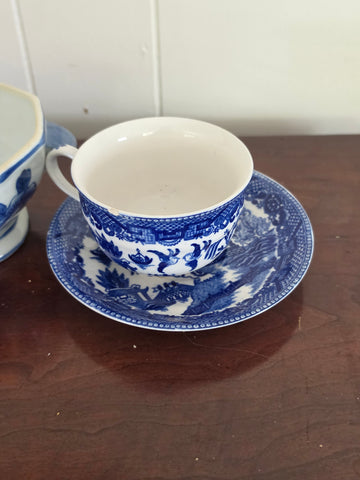 Vintage Blue and White Porcelain Sugar Bowl and Teacup Set