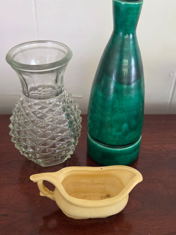 Vintage Mix & Match Lot: Cut-Glass Vase, Green Glazed Bottle & Ceramic Sauce Boat