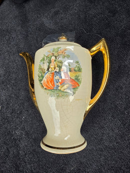 Vtg Courting Couple Ceramic Coffee Pot Gold Trim Fragonard Style Teapot Cream