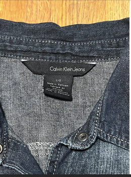 Vintage Calvin Klein Women Large 90's Dark Denim White Wash Snap Button Up Dress