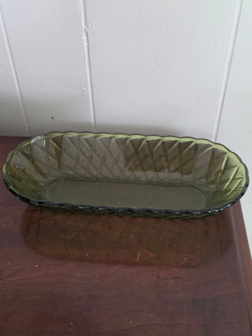 Vintage Mid-Century Avocado Green Pressed Glass Oval Relish Dish