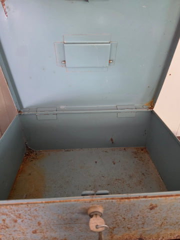 Vintage Rustic Blue Metal Lockbox w/ Original Key – Heavy Duty Industrial Storage Box
