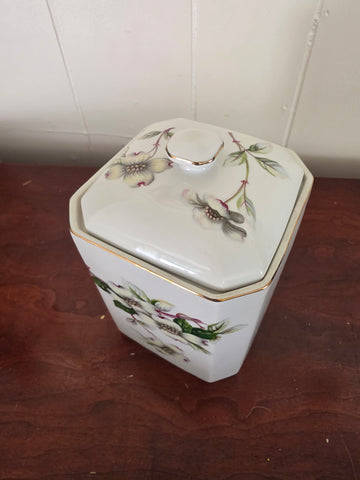 Vintage White Porcelain Square Canister / Ginger Jar with Lid – Dogwood Floral Pattern & Gold Trim