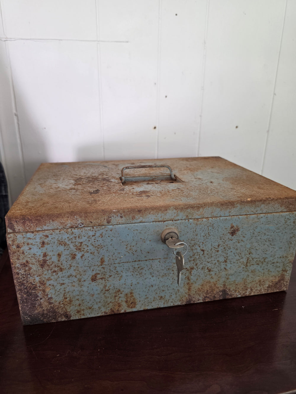 Vintage Rustic Blue Metal Lockbox w/ Original Key – Heavy Duty Industrial Storage Box