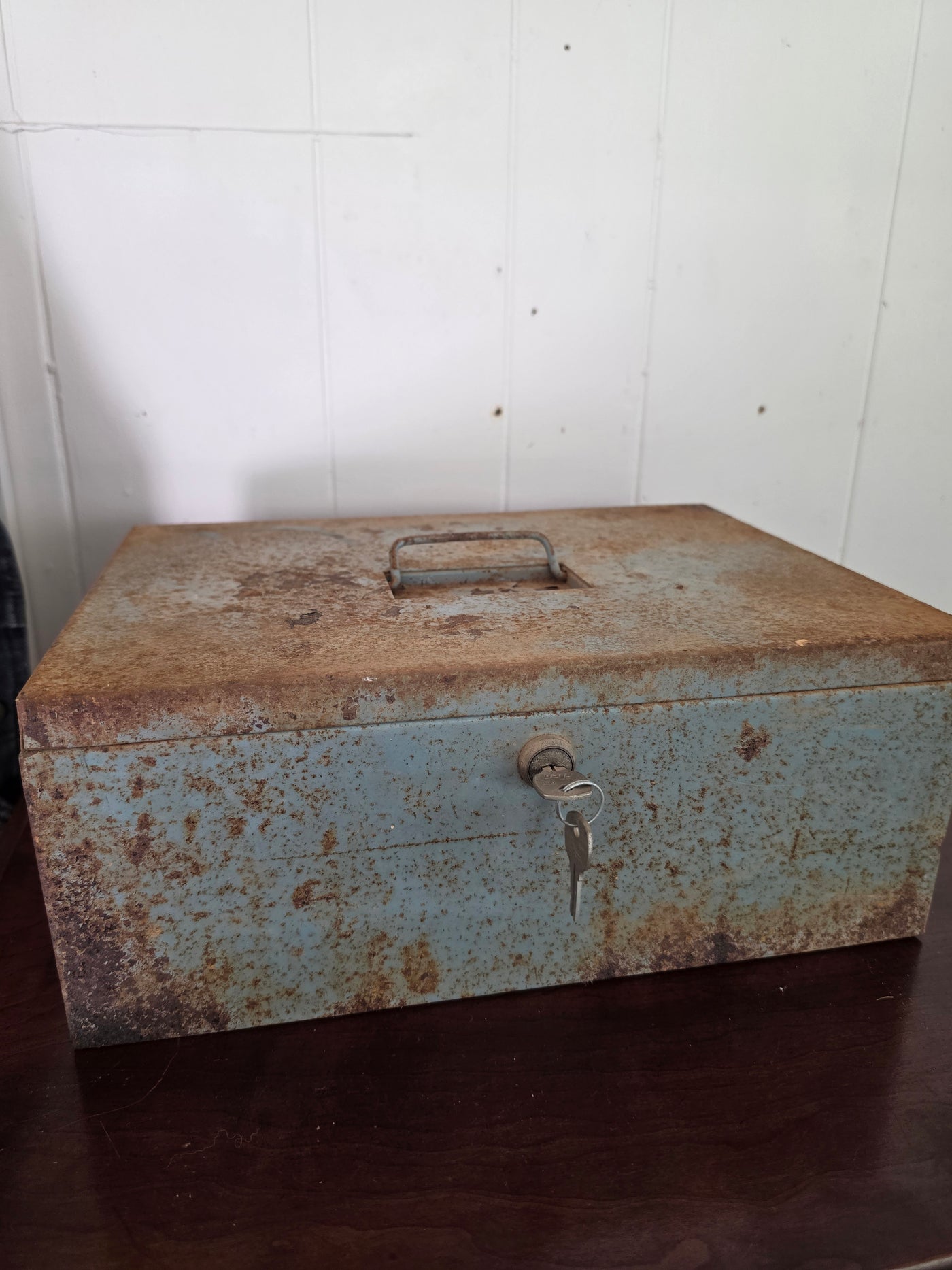 Vintage Rustic Blue Metal Lockbox w/ Original Key – Heavy Duty Industrial Storage Box