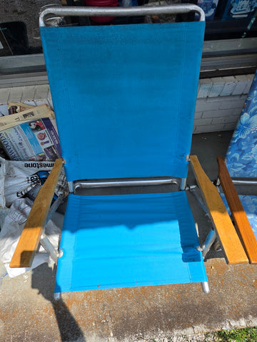 Vintage Blue Canvas Folding Beach & Lawn Chair with Wooden Armrests