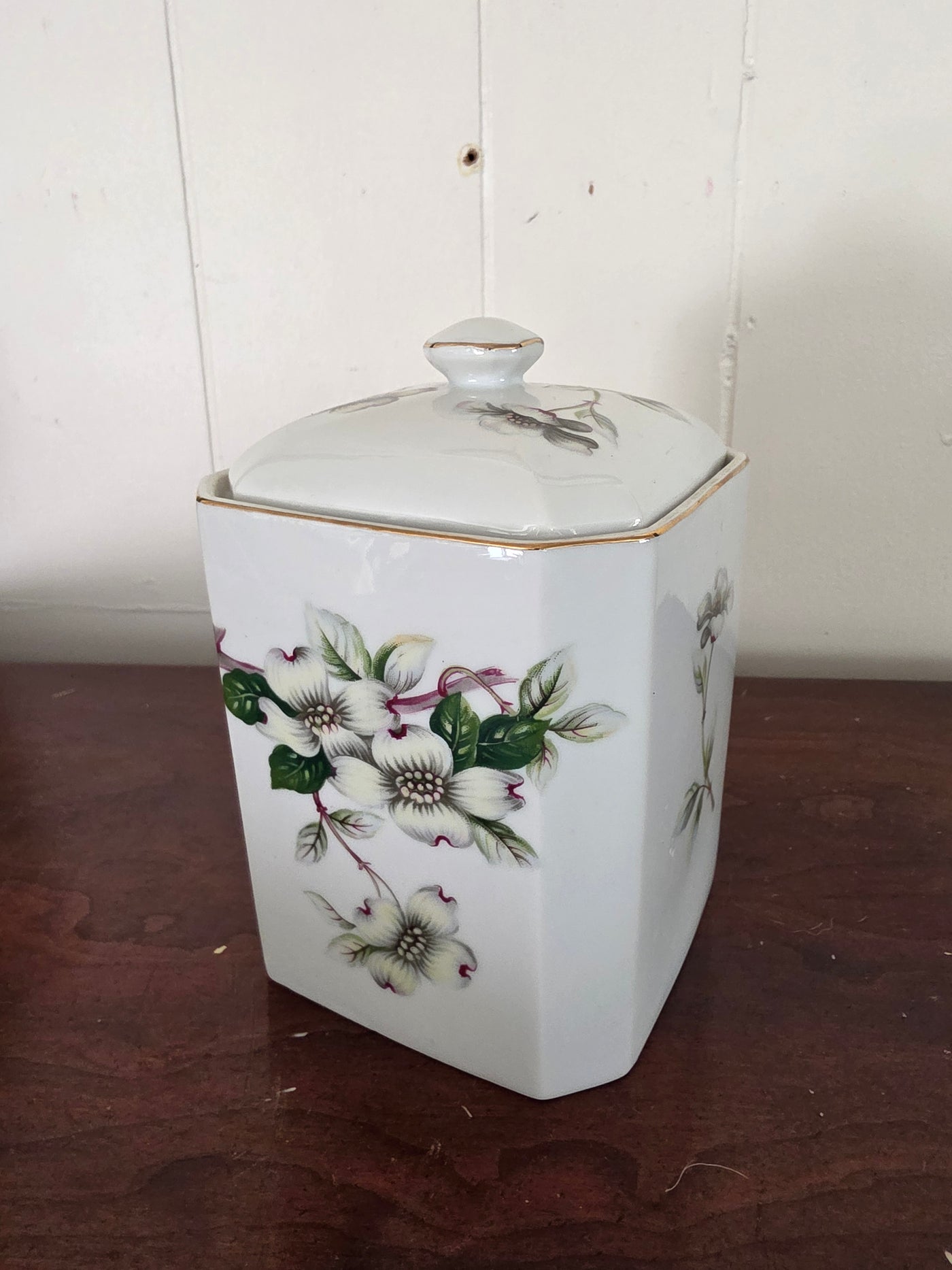 Vintage White Porcelain Square Canister / Ginger Jar with Lid – Dogwood Floral Pattern & Gold Trim