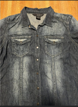 Vintage Calvin Klein Women Large 90's Dark Denim White Wash Snap Button Up Dress