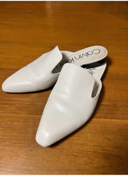 Calvin Klein Moise White Leather Pointed Toe Mules Flat Loafers 34E6383 Size 8.5