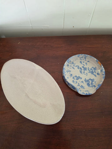 Off-White Stoneware Oval Tray & Blue Sponge-Ware Ceramic Spoon Rest