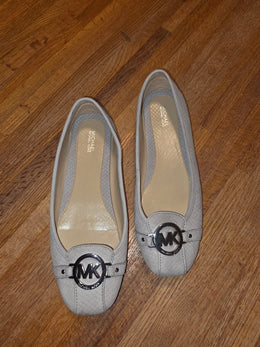 Michael Kors Fulton Moc Grey Snake Embossed Leather Flats MK Medallion 9.5M E17D