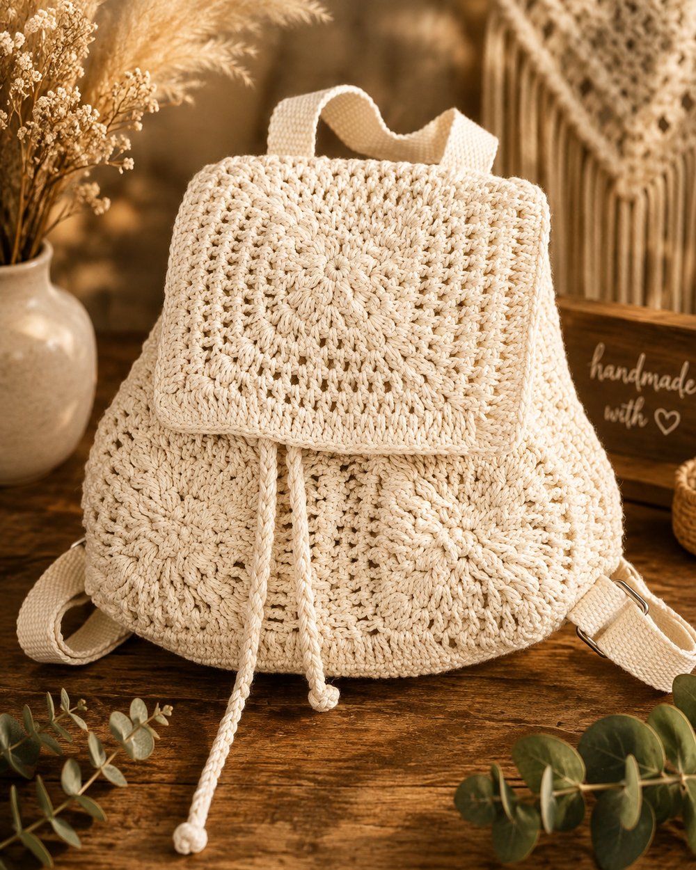 Handmade Crochet Mini Backpack Cream Boho Knit Drawstring Festival Bag Sunflower