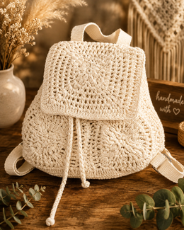 Handmade Crochet Mini Backpack Cream Boho Knit Drawstring Festival Bag Sunflower