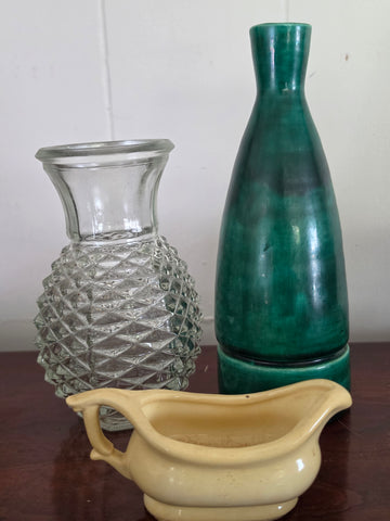 Vintage Mix & Match Lot: Cut-Glass Vase, Green Glazed Bottle & Ceramic Sauce Boat