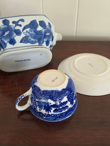 Vintage Blue and White Porcelain Sugar Bowl and Teacup Set
