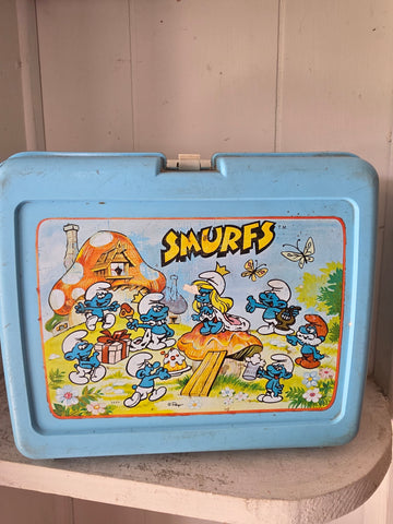 Vintage 1982 Smurfs Light Blue Plastic Lunchbox Thermos Peyton SEPP