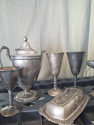 Vintage Silver Plate Serveware Lot – Coffee/Teapot, Goblets & Covered Butter Dish
