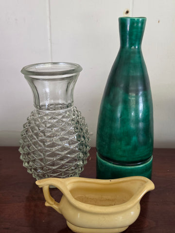 Vintage Mix & Match Lot: Cut-Glass Vase, Green Glazed Bottle & Ceramic Sauce Boat