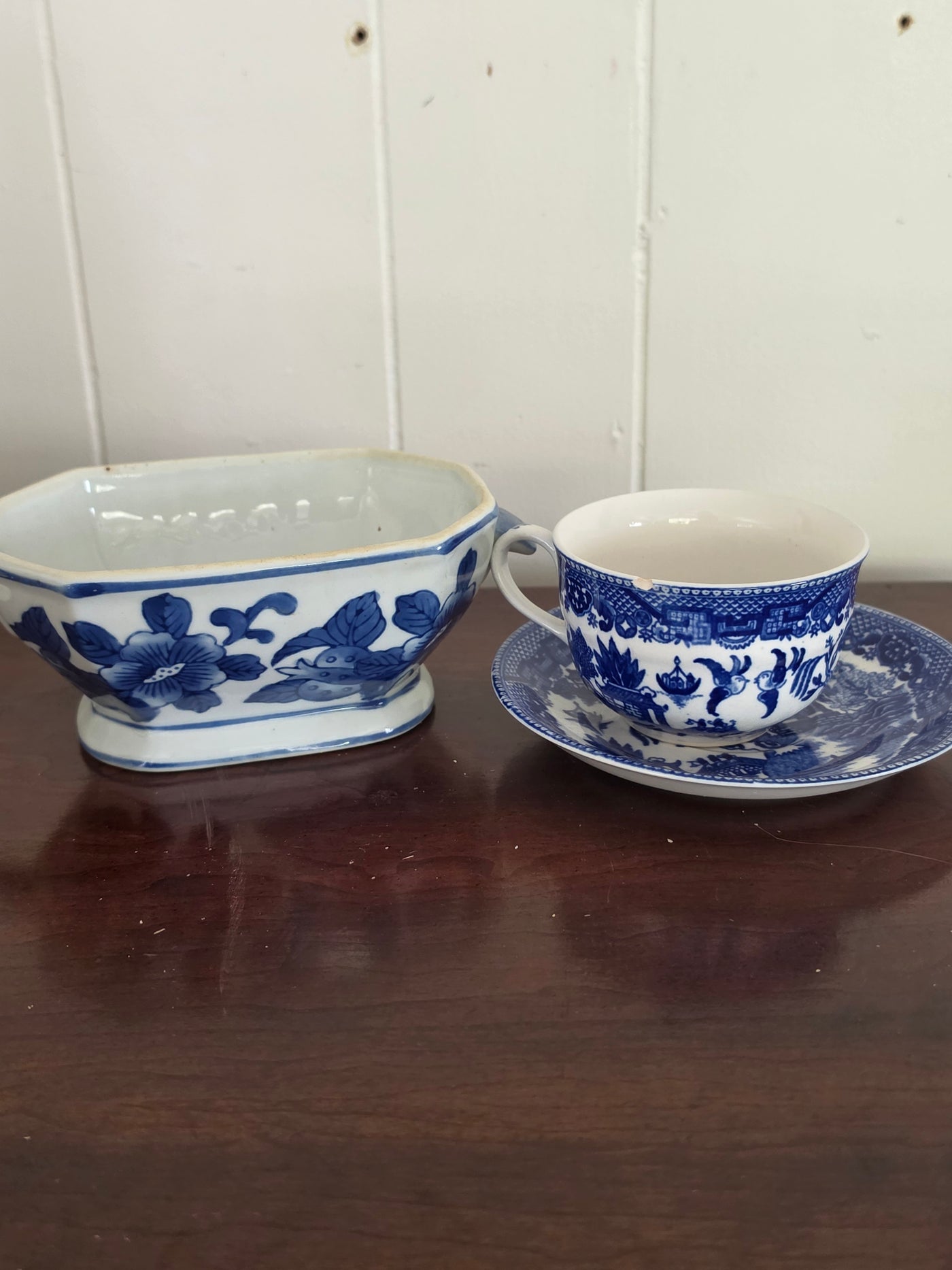Vintage Blue and White Porcelain Sugar Bowl and Teacup Set