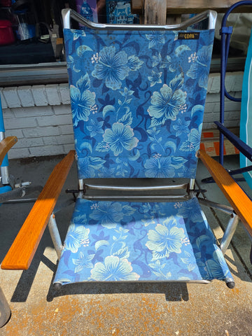 Vintage COPA Blue Hibiscus Floral Folding Beach Chair with Wooden Armrests