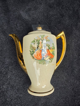 Vtg Courting Couple Ceramic Coffee Pot Gold Trim Fragonard Style Teapot Cream