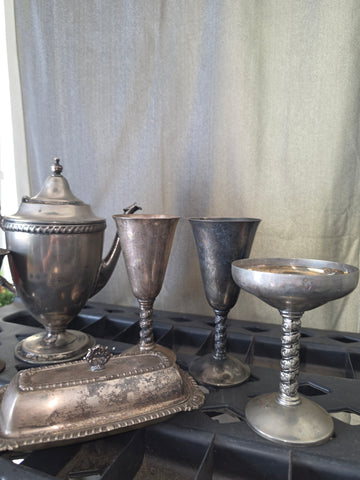 Vintage Silver Plate Serveware Lot – Coffee/Teapot, Goblets & Covered Butter Dish